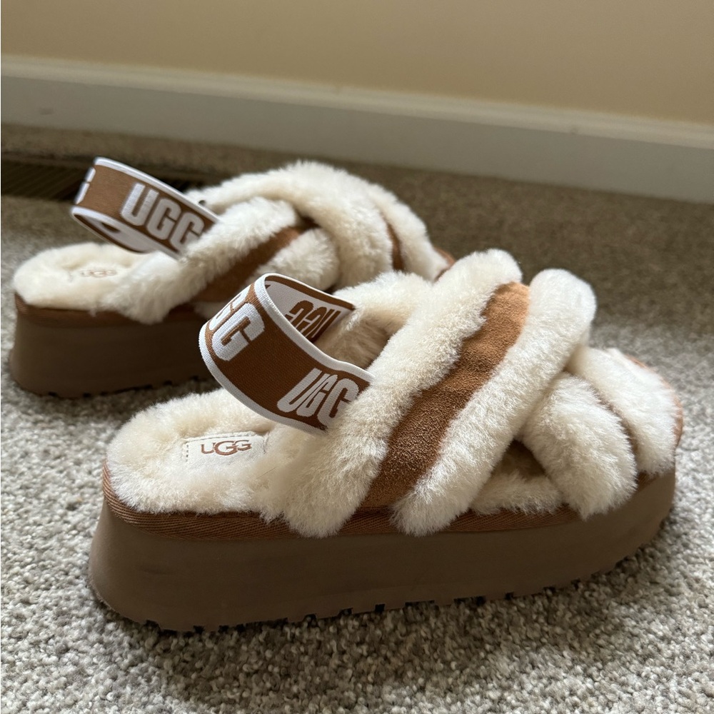 UGG Cream and Brown Fluffy Slippers